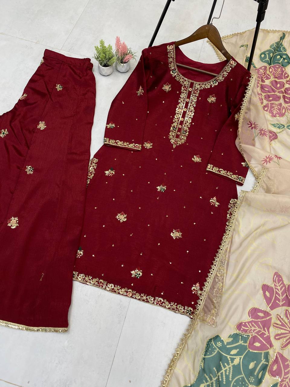 DESIGNER WEAR EXCLUSIVE SUIT IN EMBROIDERED WORKED TOP AND PLAZZO  WITH DUPATTA PAIR*