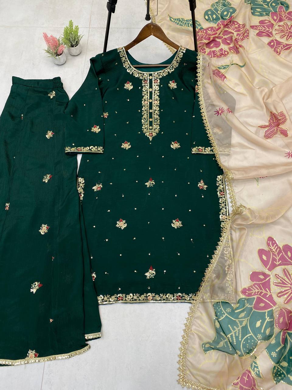 DESIGNER WEAR EXCLUSIVE SUIT IN EMBROIDERED WORKED TOP AND PLAZZO  WITH DUPATTA PAIR*