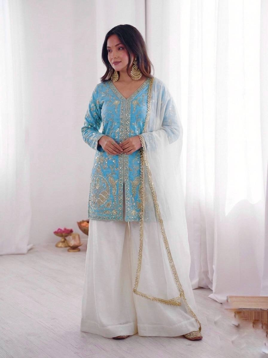 Party Wear Look Pur Heavy Fendy Silk Top Plazzo & Dupatta Set