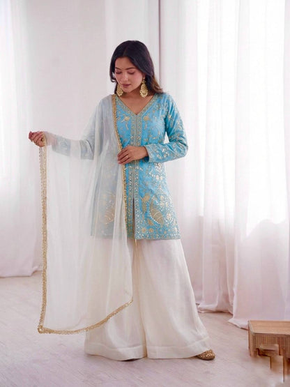 Party Wear Look Pur Heavy Fendy Silk Top Plazzo & Dupatta Set