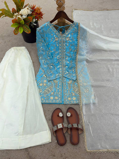 Party Wear Look Pur Heavy Fendy Silk Top Plazzo & Dupatta Set