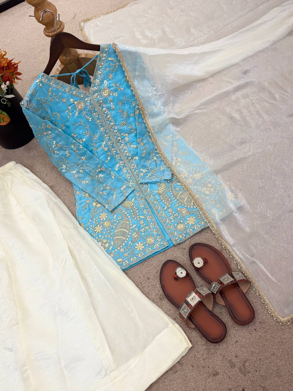 Party Wear Look Pur Heavy Fendy Silk Top Plazzo & Dupatta Set