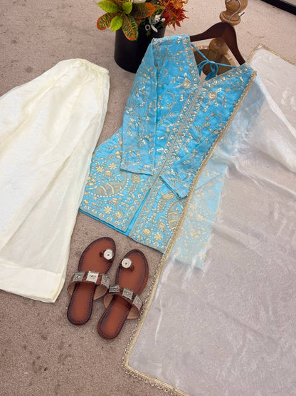 Party Wear Look Pur Heavy Fendy Silk Top Plazzo & Dupatta Set