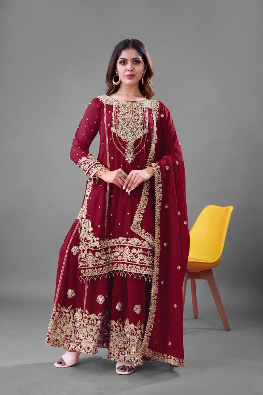 Designer Collection In Pure Heavy Faux Georgette With Heavy Embroidery Coding Dori-Sequence Work Top-Bottom And Dupatta Set Fully Stitched Ready To Wear