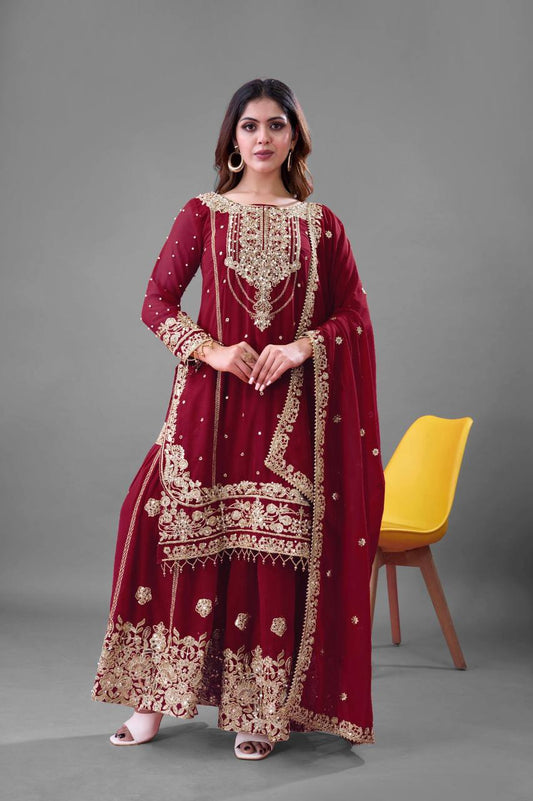 Designer Collection In Pure Heavy Faux Georgette With Heavy Embroidery Coding Dori-Sequence Work Top-Bottom And Dupatta Set Fully Stitched Ready To Wear