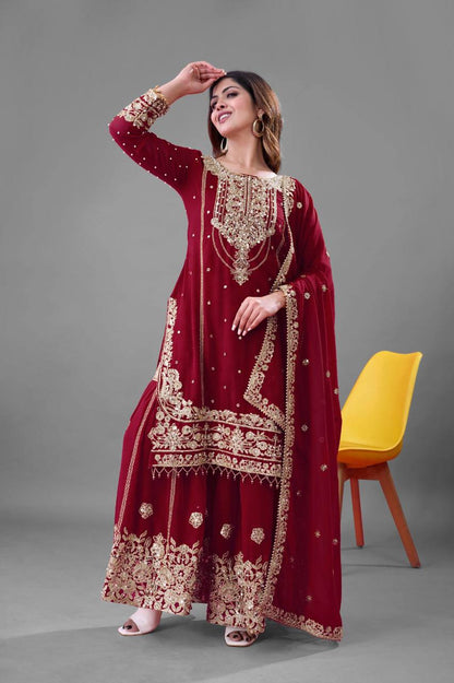 Designer Collection In Pure Heavy Faux Georgette With Heavy Embroidery Coding Dori-Sequence Work Top-Bottom And Dupatta Set Fully Stitched Ready To Wear