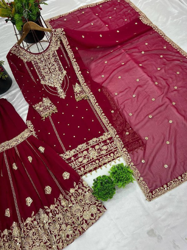 Designer Collection In Pure Heavy Faux Georgette With Heavy Embroidery Coding Dori-Sequence Work Top-Bottom And Dupatta Set Fully Stitched Ready To Wear