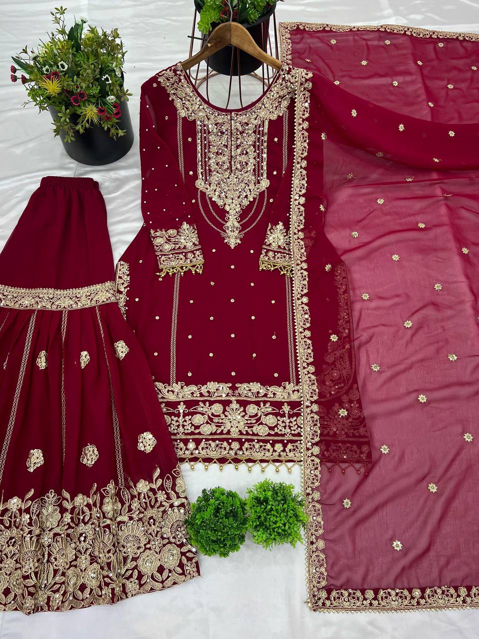 Designer Collection In Pure Heavy Faux Georgette With Heavy Embroidery Coding Dori-Sequence Work Top-Bottom And Dupatta Set Fully Stitched Ready To Wear