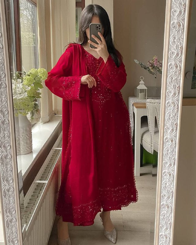 EXCLUSIVE 3 PIECE PLAZZO PAIR WITH   DUPATTA IN SEQUENCE EMBROIDERY WORK single available wholesale