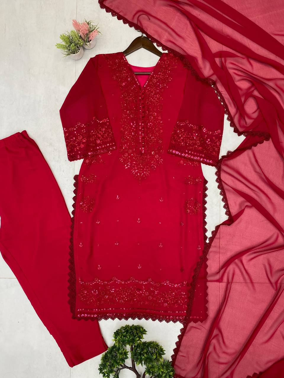 EXCLUSIVE 3 PIECE PLAZZO PAIR WITH   DUPATTA IN SEQUENCE EMBROIDERY WORK single available wholesale