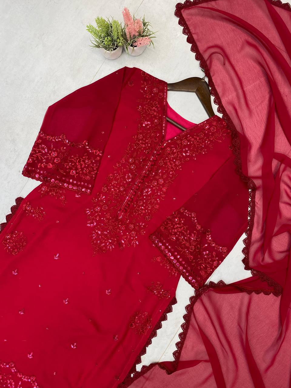 EXCLUSIVE 3 PIECE PLAZZO PAIR WITH   DUPATTA IN SEQUENCE EMBROIDERY WORK single available wholesale