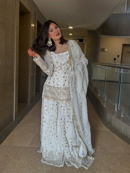 NEW ĐĚSIGNER PARTY WEAR TOP AND PLAZZO. WITH FANCY DUPPATA WITH  EMBROIDERY WORK