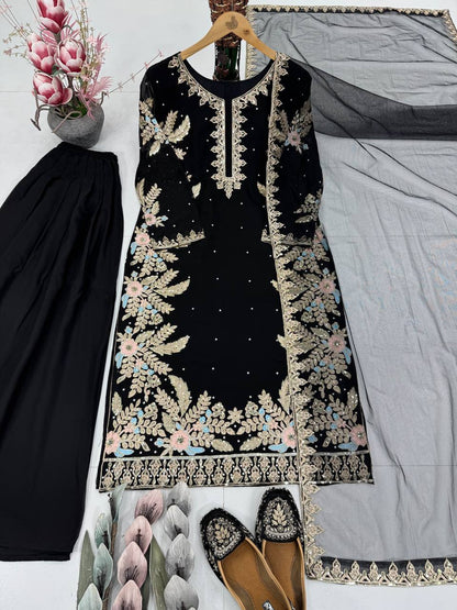 DESIGNER PARTY WEAR HEAVY EMBROIDERY SEQUENCE WORK 3 PIS SUIT SET single available wholesale