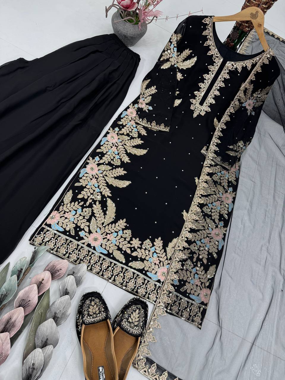DESIGNER PARTY WEAR HEAVY EMBROIDERY SEQUENCE WORK 3 PIS SUIT SET single available wholesale