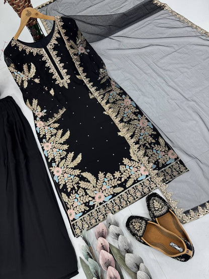 DESIGNER PARTY WEAR HEAVY EMBROIDERY SEQUENCE WORK 3 PIS SUIT SET single available wholesale