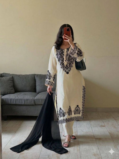 DESIGNER WEAR EXCLUSIVE SUIT IN EMBROIDERED ROMAN SILK FABRIC TOP AND PANT WITH DUPATTA PAIR