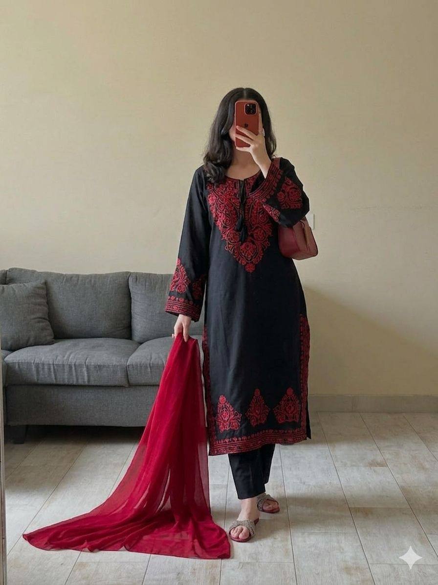 DESIGNER WEAR EXCLUSIVE SUIT IN EMBROIDERED ROMAN SILK FABRIC TOP AND PANT WITH DUPATTA PAIR