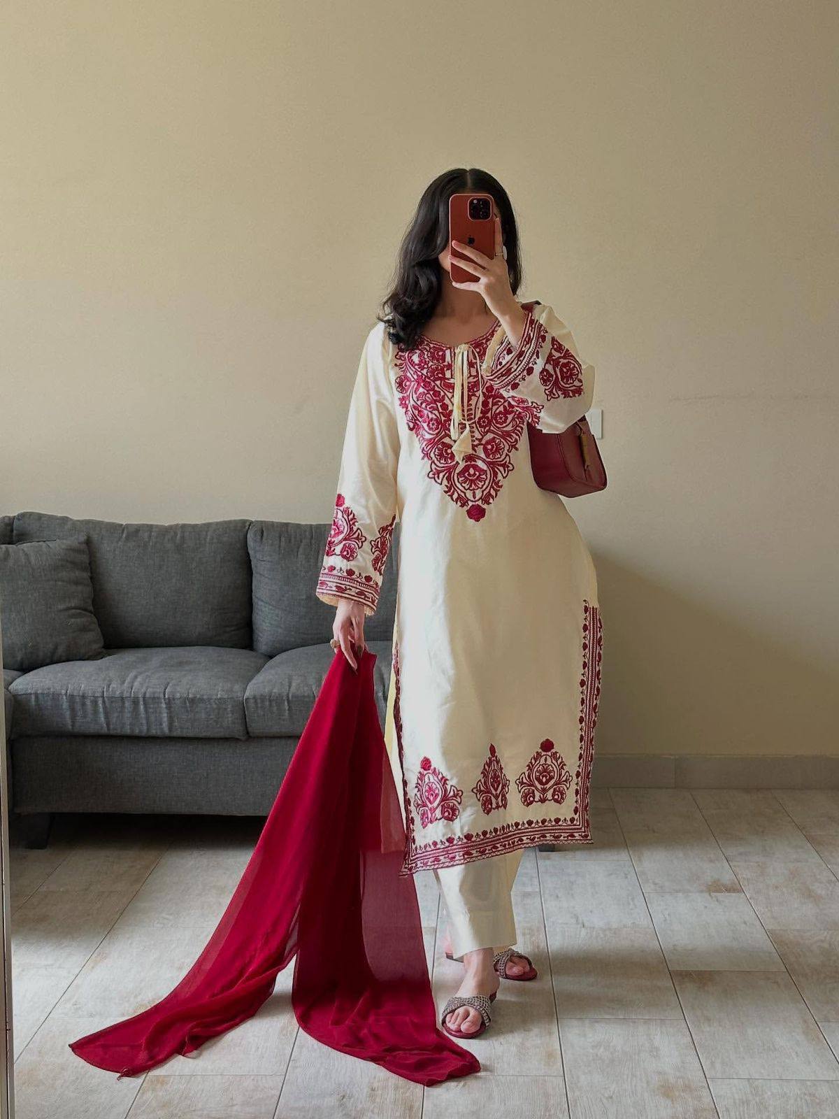 DESIGNER WEAR EXCLUSIVE SUIT IN EMBROIDERED ROMAN SILK FABRIC TOP AND PANT WITH DUPATTA PAIR
