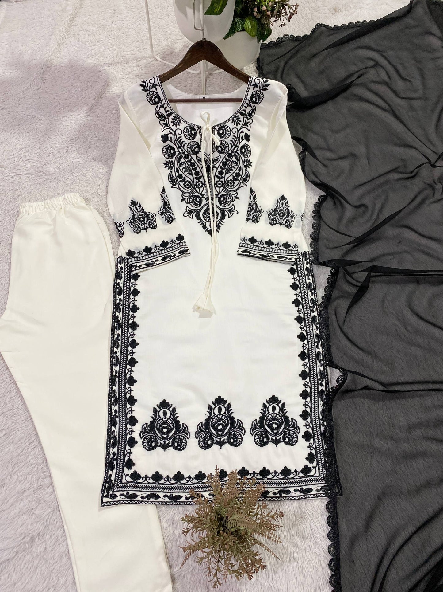 DESIGNER WEAR EXCLUSIVE SUIT IN EMBROIDERED ROMAN SILK FABRIC TOP AND PANT WITH DUPATTA PAIR