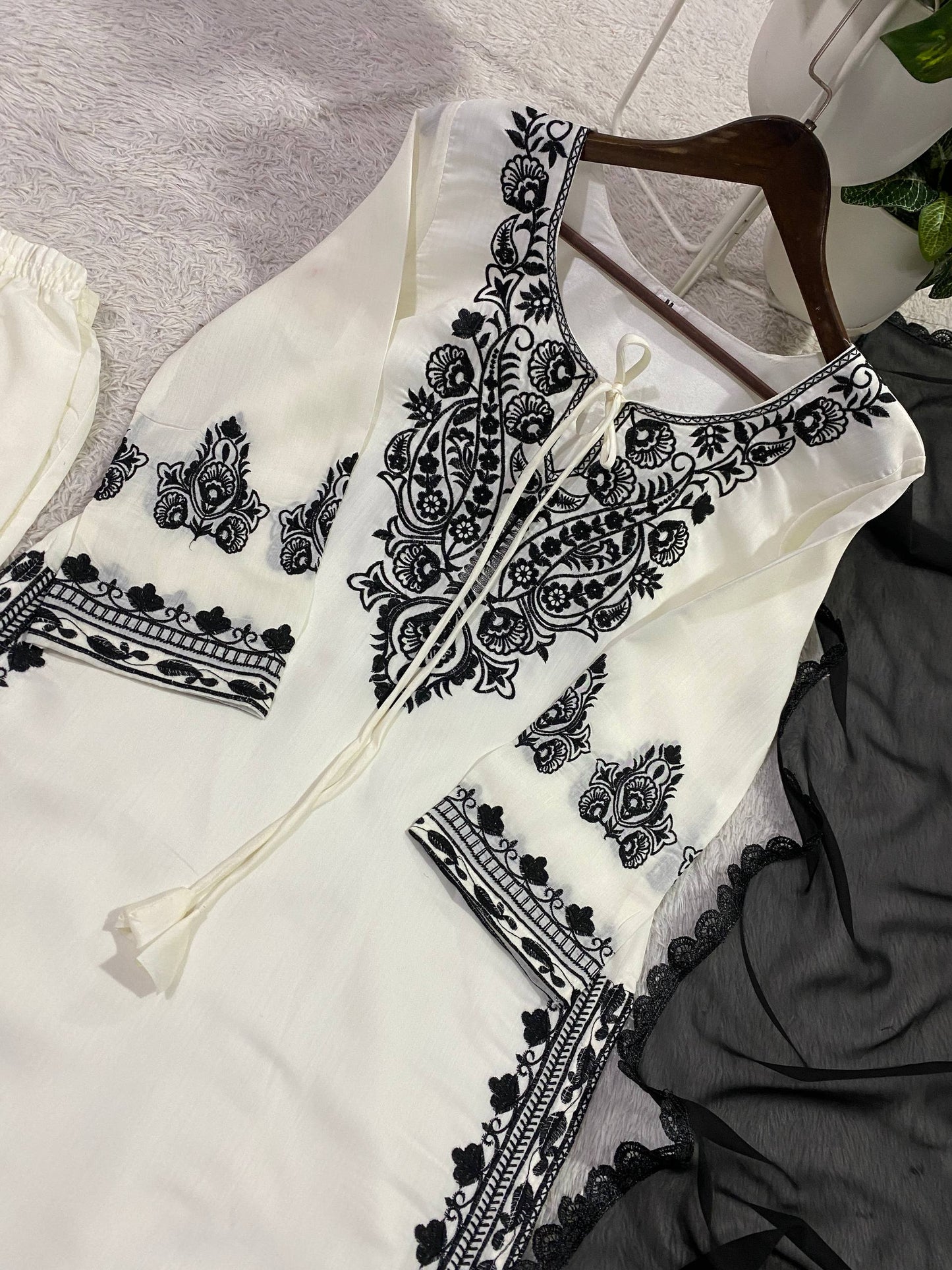 DESIGNER WEAR EXCLUSIVE SUIT IN EMBROIDERED ROMAN SILK FABRIC TOP AND PANT WITH DUPATTA PAIR