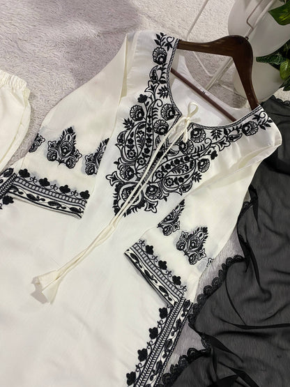 DESIGNER WEAR EXCLUSIVE SUIT IN EMBROIDERED ROMAN SILK FABRIC TOP AND PANT WITH DUPATTA PAIR