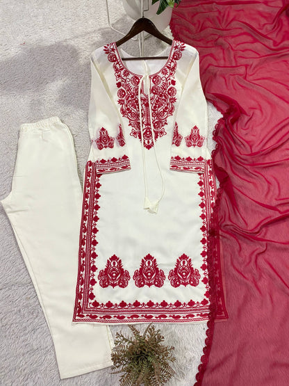 DESIGNER WEAR EXCLUSIVE SUIT IN EMBROIDERED ROMAN SILK FABRIC TOP AND PANT WITH DUPATTA PAIR