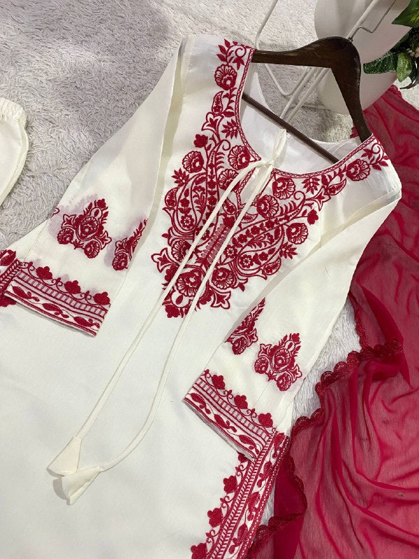 DESIGNER WEAR EXCLUSIVE SUIT IN EMBROIDERED ROMAN SILK FABRIC TOP AND PANT WITH DUPATTA PAIR