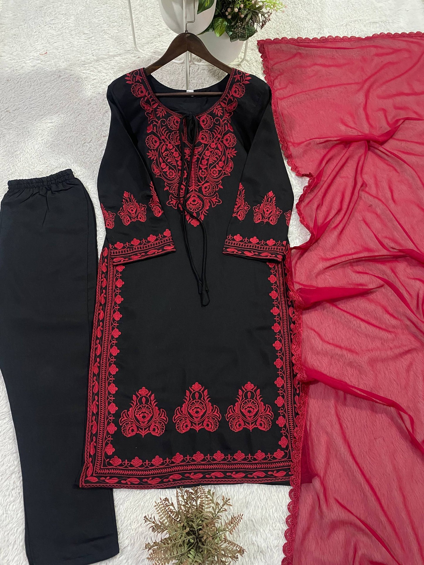 DESIGNER WEAR EXCLUSIVE SUIT IN EMBROIDERED ROMAN SILK FABRIC TOP AND PANT WITH DUPATTA PAIR