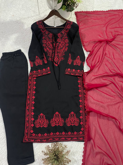 DESIGNER WEAR EXCLUSIVE SUIT IN EMBROIDERED ROMAN SILK FABRIC TOP AND PANT WITH DUPATTA PAIR