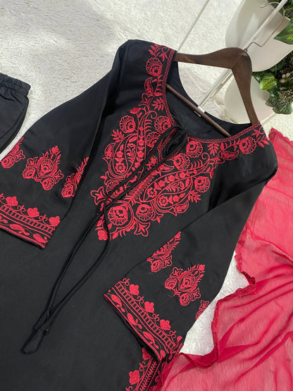 DESIGNER WEAR EXCLUSIVE SUIT IN EMBROIDERED ROMAN SILK FABRIC TOP AND PANT WITH DUPATTA PAIR