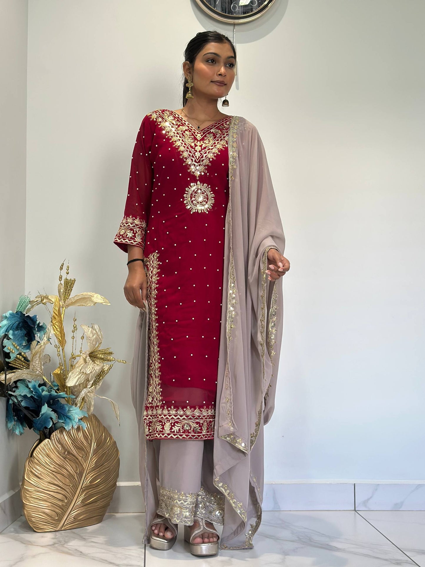 READY TO WEAR COLLECTION WITH EMBROIDERY SEQUENSE WORK  TOP-PLAZZO WITH DUPATTA