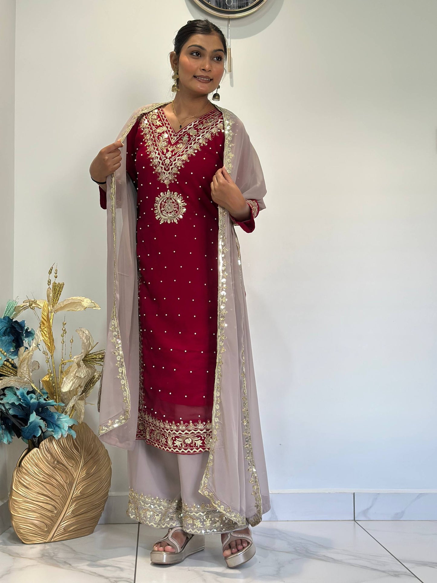 READY TO WEAR COLLECTION WITH EMBROIDERY SEQUENSE WORK  TOP-PLAZZO WITH DUPATTA