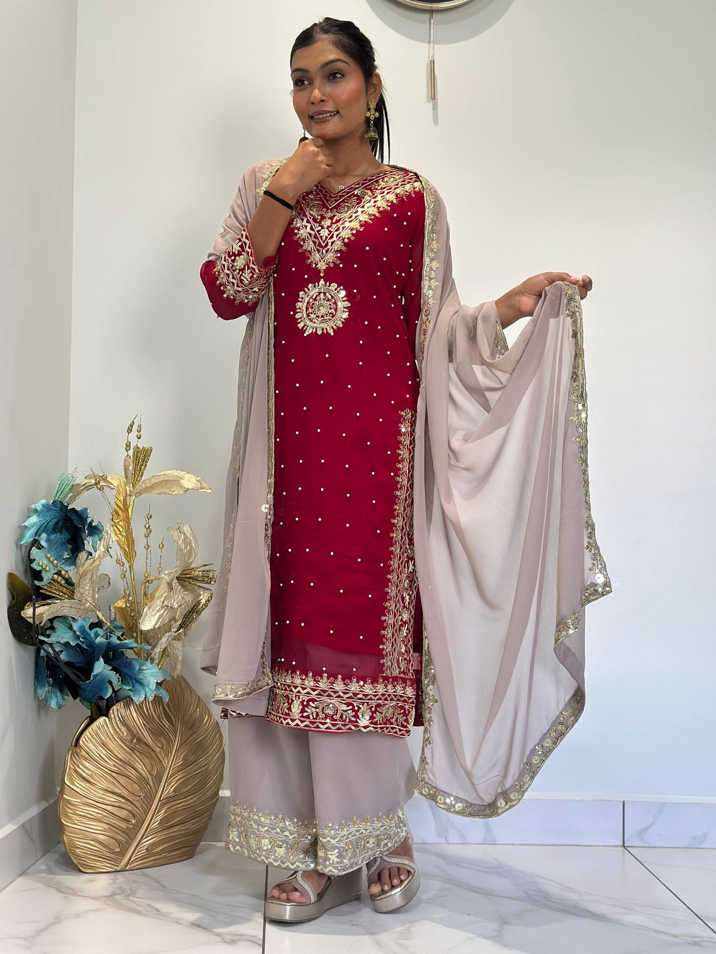 READY TO WEAR COLLECTION WITH EMBROIDERY SEQUENSE WORK  TOP-PLAZZO WITH DUPATTA