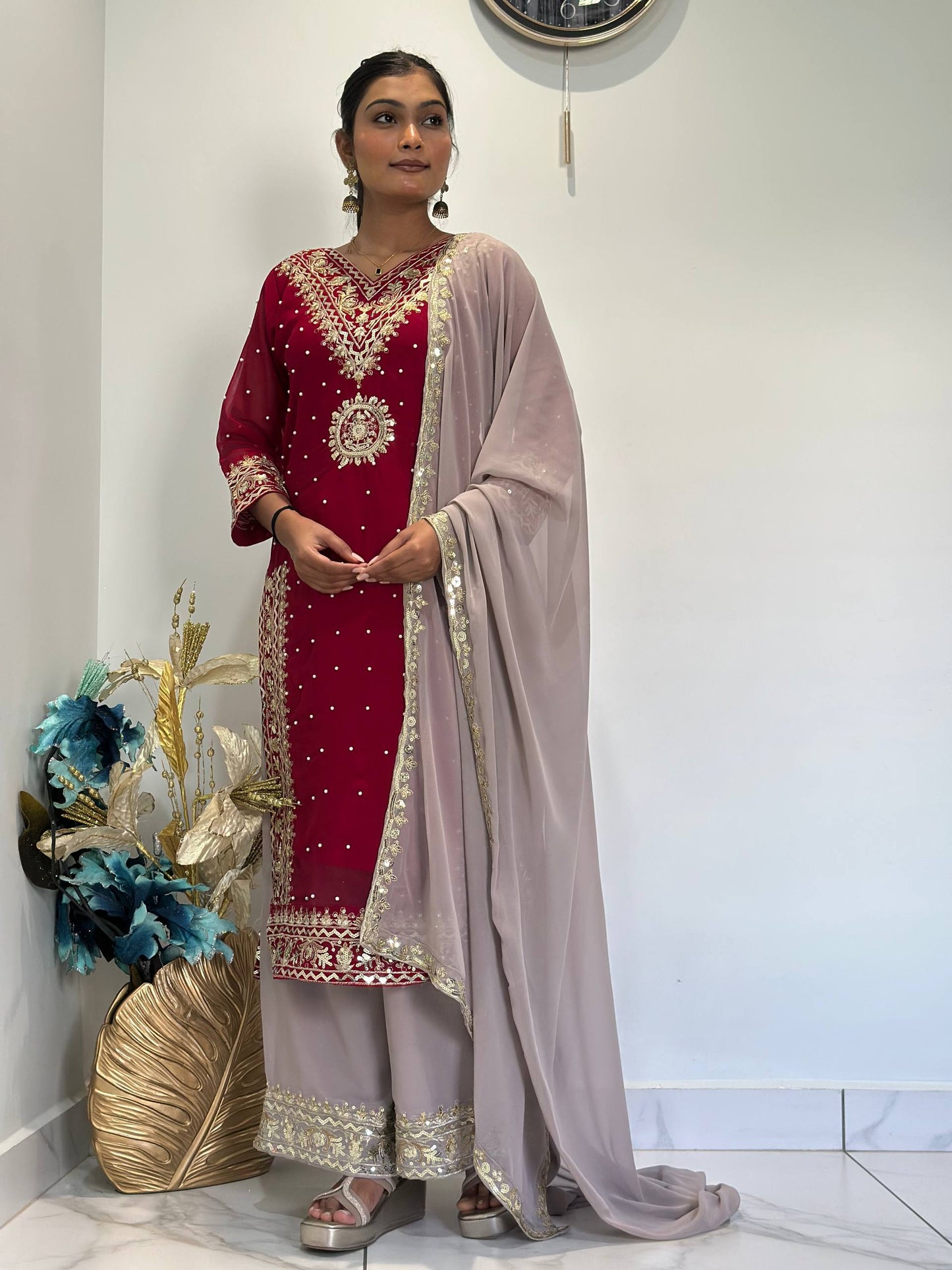 READY TO WEAR COLLECTION WITH EMBROIDERY SEQUENSE WORK  TOP-PLAZZO WITH DUPATTA