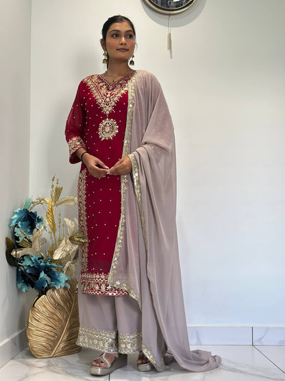 READY TO WEAR COLLECTION WITH EMBROIDERY SEQUENSE WORK  TOP-PLAZZO WITH DUPATTA