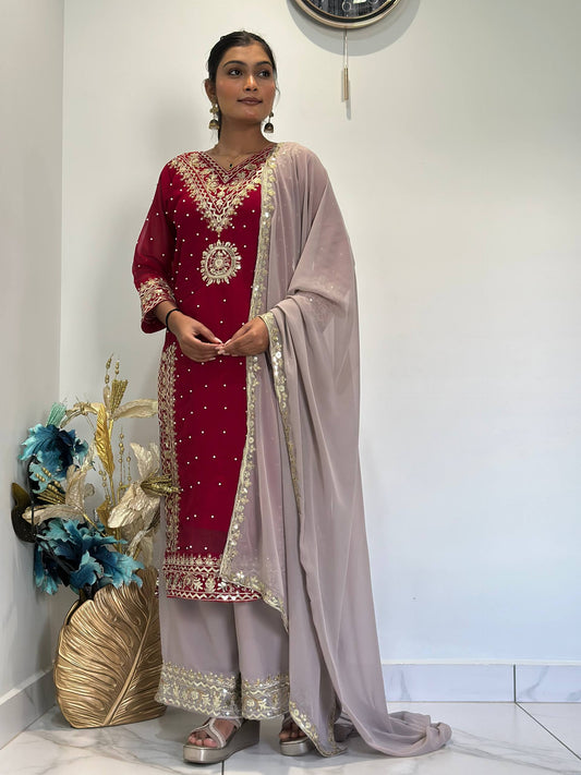 READY TO WEAR COLLECTION WITH EMBROIDERY SEQUENSE WORK  TOP-PLAZZO WITH DUPATTA