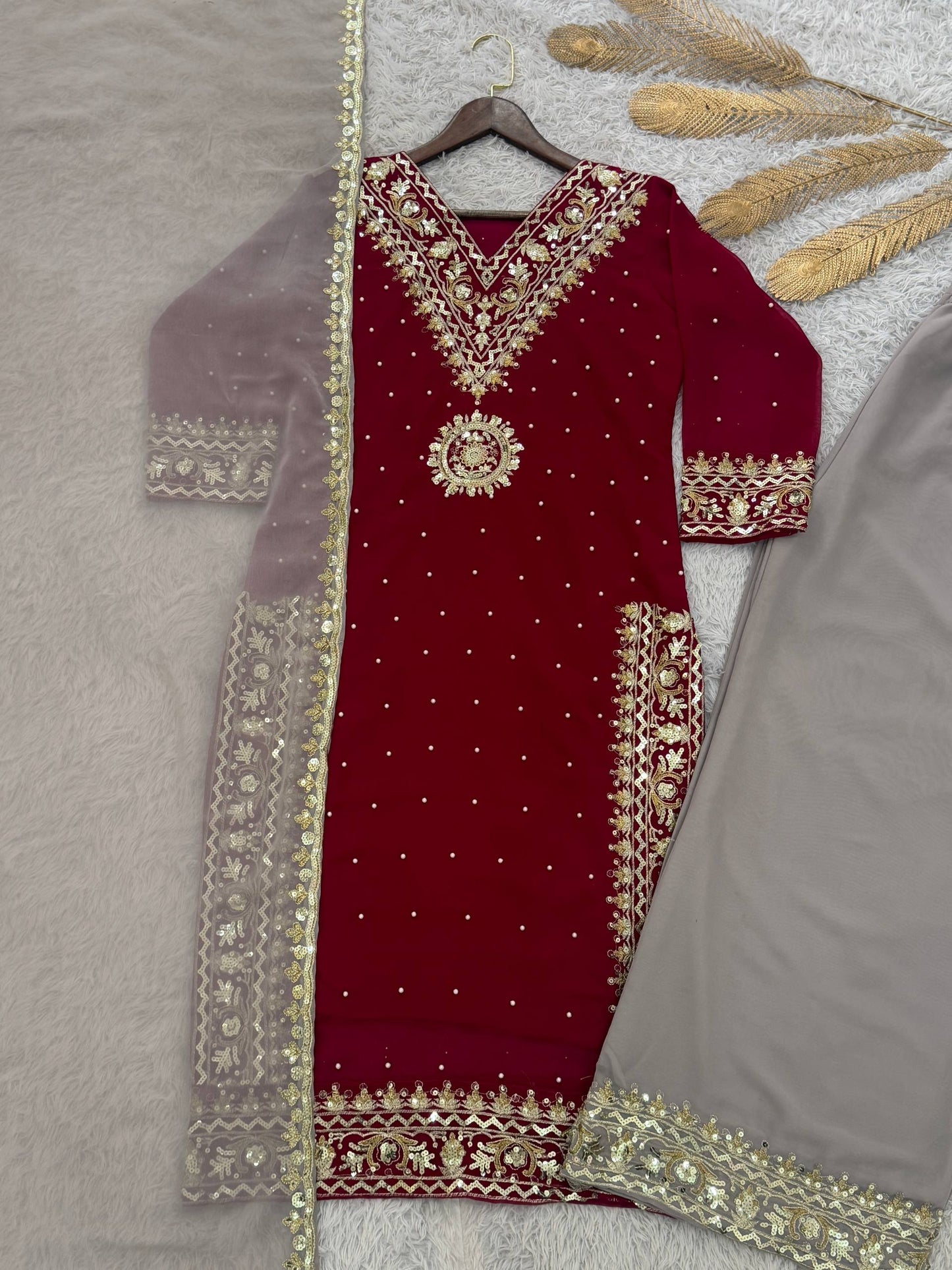 READY TO WEAR COLLECTION WITH EMBROIDERY SEQUENSE WORK  TOP-PLAZZO WITH DUPATTA