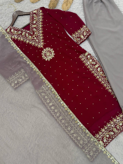 READY TO WEAR COLLECTION WITH EMBROIDERY SEQUENSE WORK  TOP-PLAZZO WITH DUPATTA