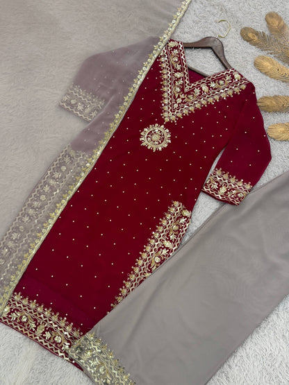 READY TO WEAR COLLECTION WITH EMBROIDERY SEQUENSE WORK  TOP-PLAZZO WITH DUPATTA