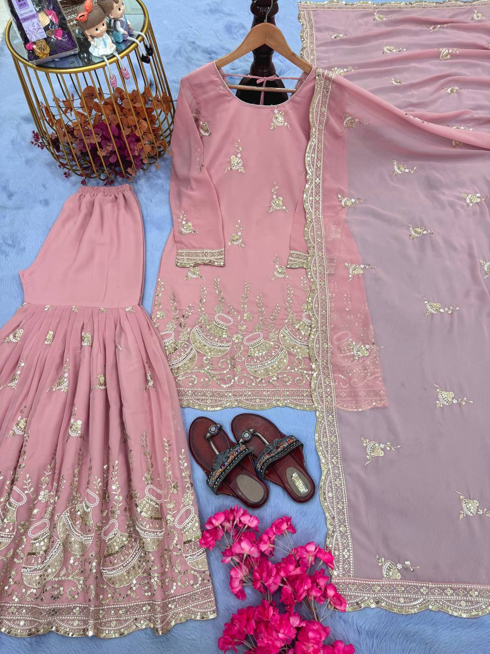 Đěsigner Party Wear Look Pur Heavy Faux Georgette Top Plazzo & Dupatta Set single available wholesale