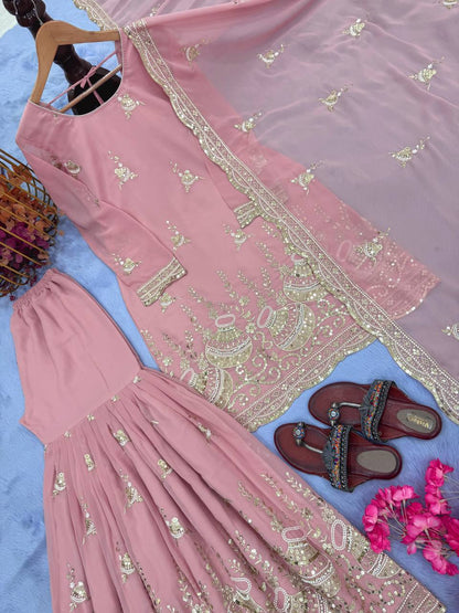 Đěsigner Party Wear Look Pur Heavy Faux Georgette Top Plazzo & Dupatta Set single available wholesale
