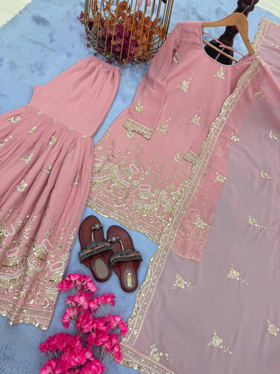 Đěsigner Party Wear Look Pur Heavy Faux Georgette Top Plazzo & Dupatta Set single available wholesale