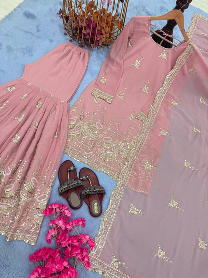 Đěsigner Party Wear Look Pur Heavy Faux Georgette Top Plazzo & Dupatta Set single available wholesale