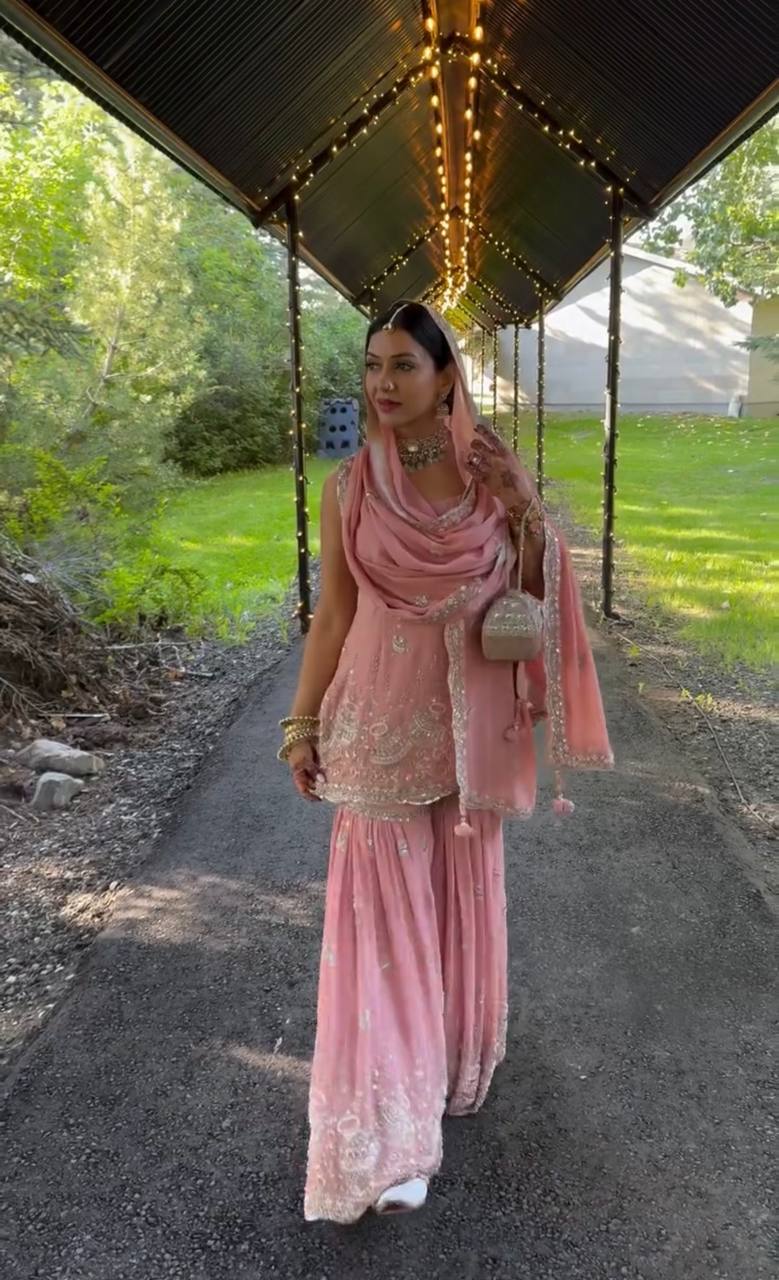 Đěsigner Party Wear Look Pur Heavy Faux Georgette Top Plazzo & Dupatta Set single available wholesale