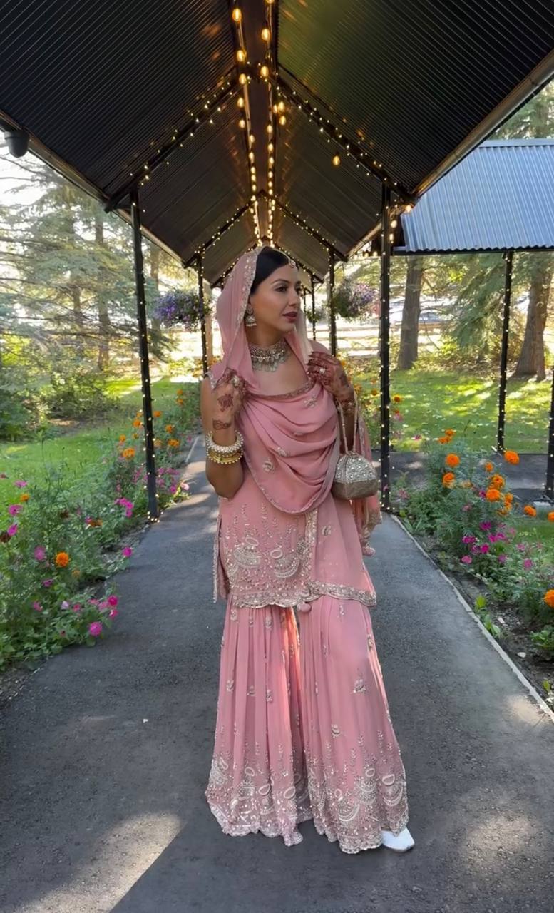 Đěsigner Party Wear Look Pur Heavy Faux Georgette Top Plazzo & Dupatta Set single available wholesale