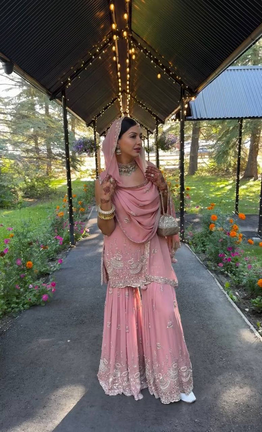 Đěsigner Party Wear Look Pur Heavy Faux Georgette Top Plazzo & Dupatta Set single available wholesale