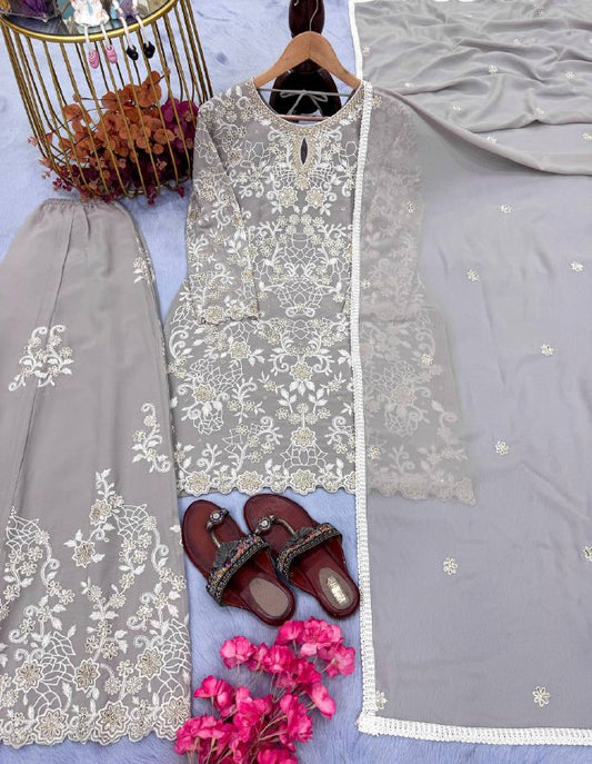 Party Wear Look Pur Heavy Faux Georgette Top Plazzo & Dupatta Set
