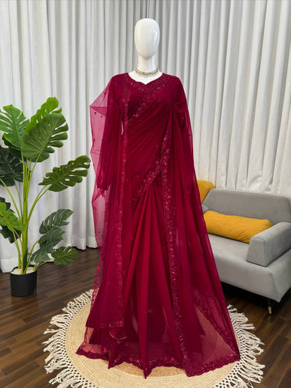 Designer Saree With Dupatta – Elegance Redefined ✨ Fall in love with this stunning saree in an eye-catching shade, crafted with finesse and rich detailing. A perfect blend of grace and glam!