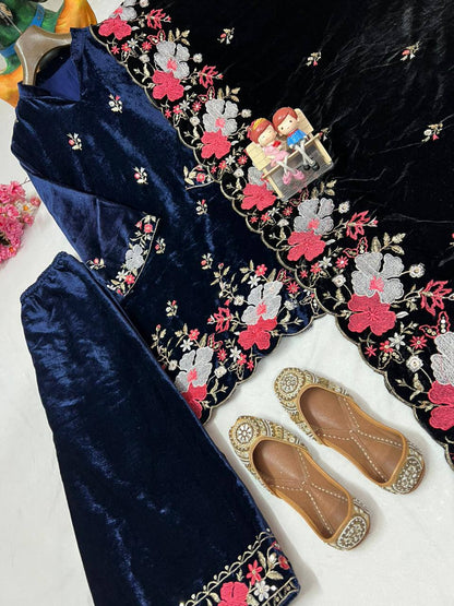 HEAVY VELVET KURTA & PANT (3-PIS SET) WITH BEAUTIFUL SEQUINS EMBROIDERY WORK single available wholesale
