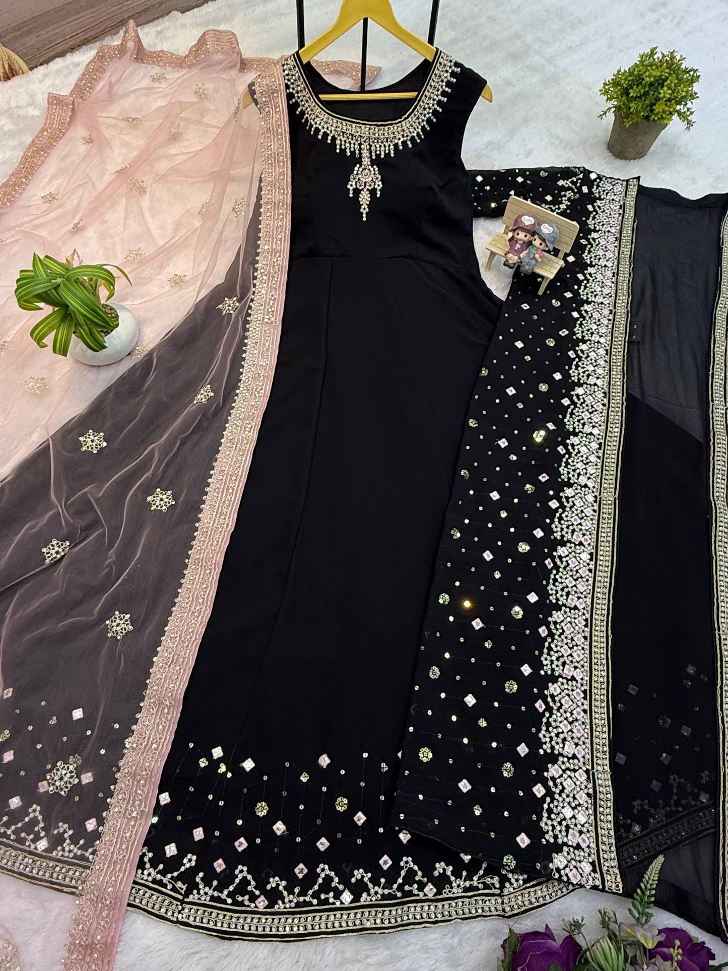 SUPERHIT TRENDING FESTIVE COLLECTION GOWN, KOTI & DUPATTA SET WITH EMBROIDERY WORK & CRYSTAL STONE WORK
